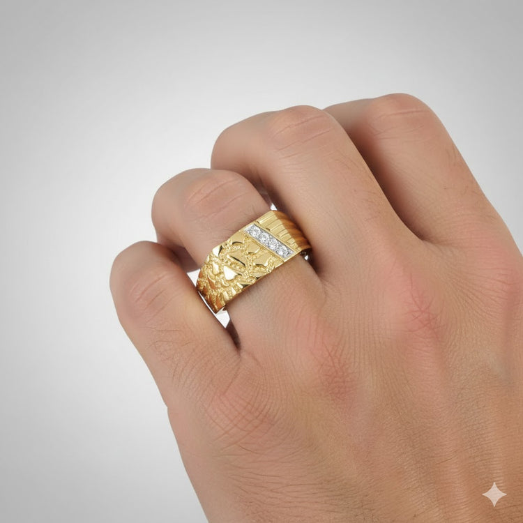 A close-up of a hand wearing the 1/10CTW Diamond Nugget Men’s Ring in 10k yellow gold, featuring a bold lion’s head design with natural diamonds. The background is plain and light gray.