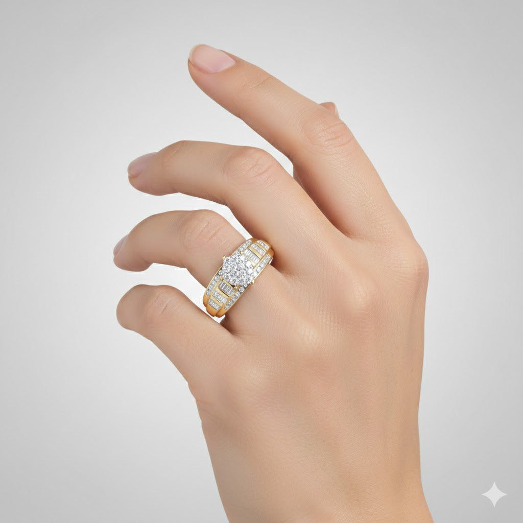 A hand with neatly manicured nails is shown against a light gray background, wearing the 10k Gold Round Diamond Heart Engagement Ring on the ring finger.