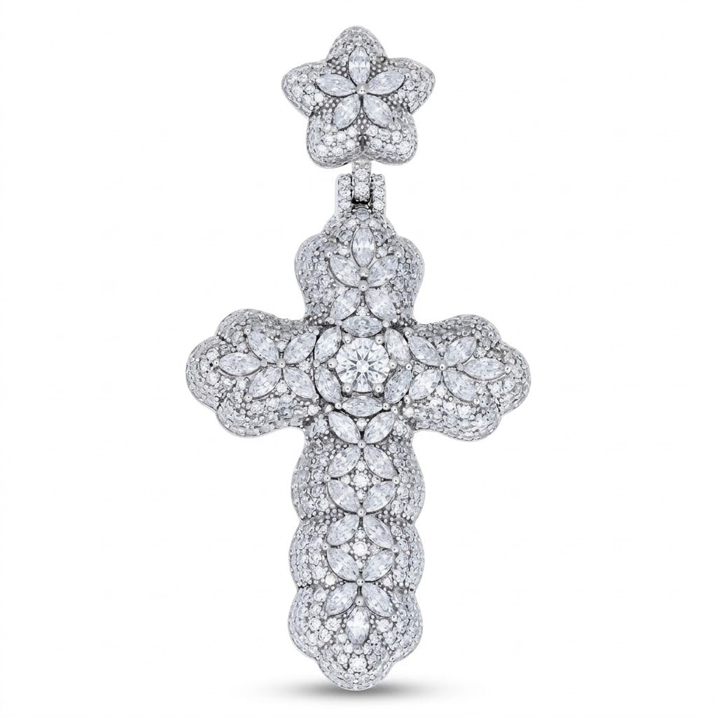 The 925 Sterling Silver Mens Moissanite Cross Pendant features round and marquise-cut moissanites and a flower-shaped cluster at the top, blending elegant sparkle with a timeless religious design.