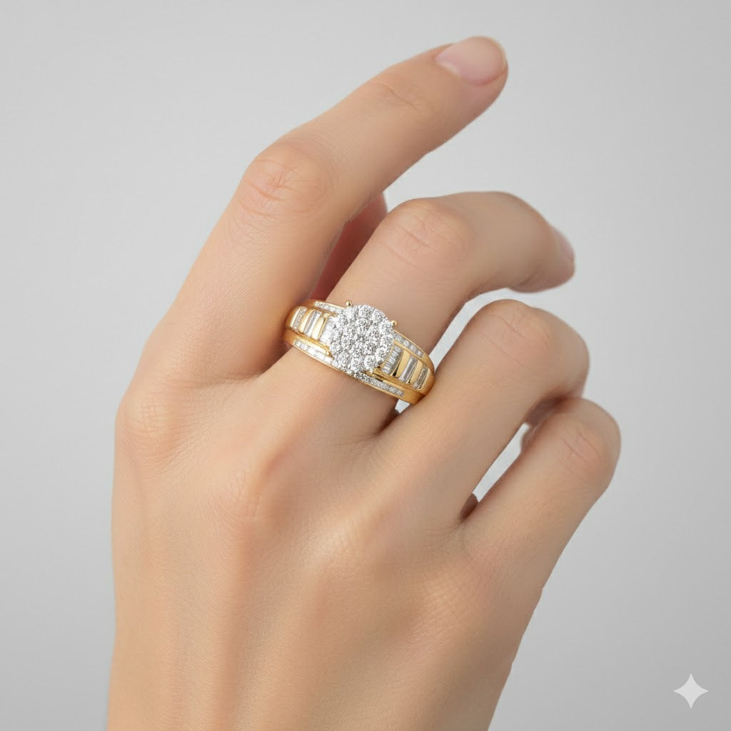 A hand wearing the 10k Gold Round Diamond Cluster Bridal Ring (1/2 Cttw) on the ring finger is shown against a plain light gray background.
