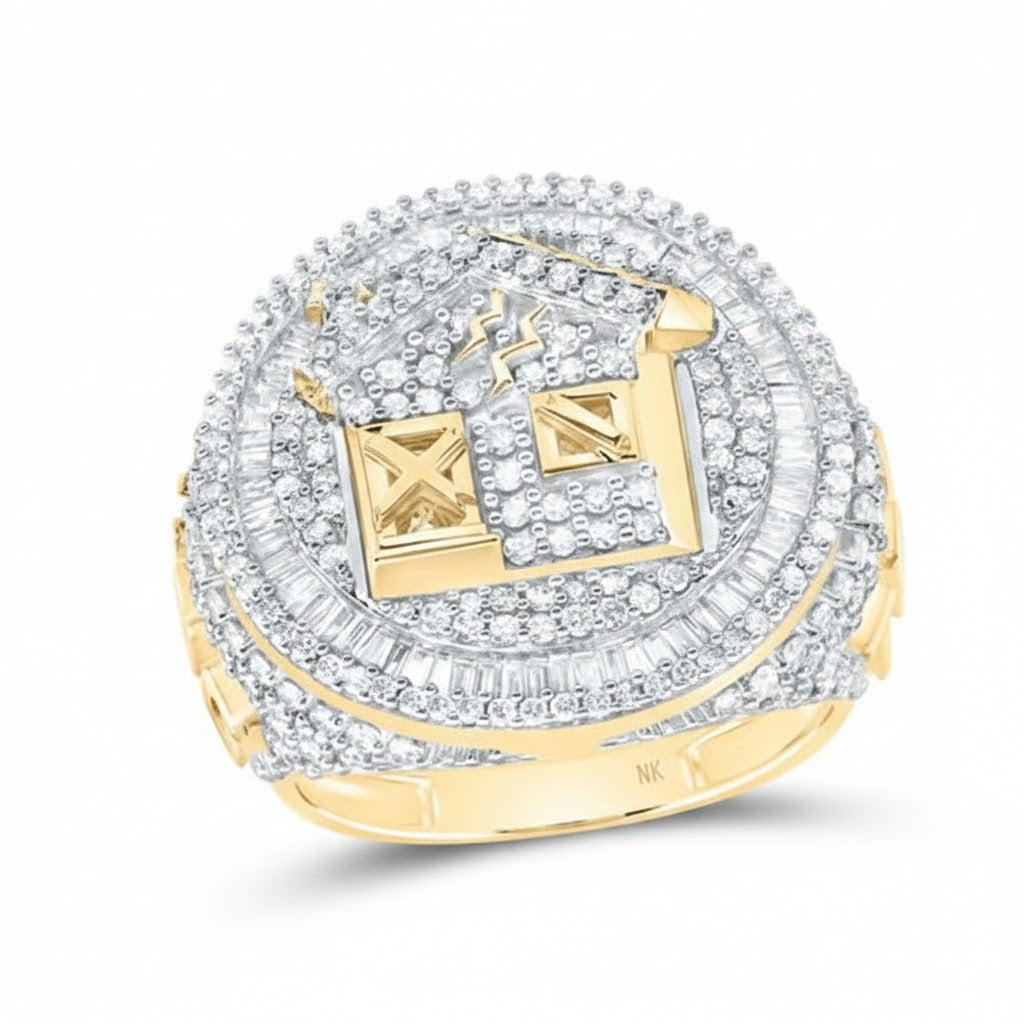 The 2 7/8CTW Diamond Trap House Men’s Ring is crafted in 10k yellow gold, showcasing a house design at its center and multiple rows of diamonds for a bold, sparkling look.