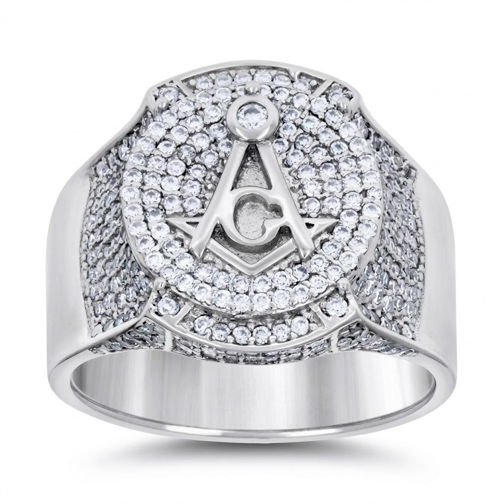 The Sterling Silver Moissanite Masonic Ring for Men features clear moissanite stones and the iconic Masonic square and compass with a central "G"—an eye-catching ring perfect for any occasion.
