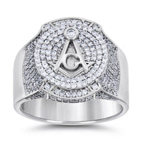 The Sterling Silver Moissanite Masonic Ring for Men features clear moissanite stones and the iconic Masonic square and compass with a central "G"—an eye-catching ring perfect for any occasion.