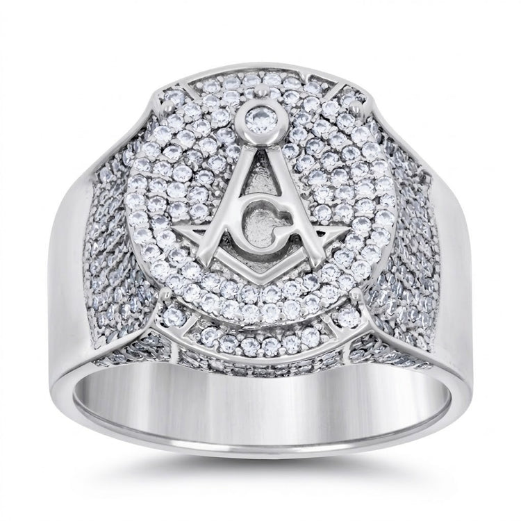 The Sterling Silver Moissanite Masonic Ring for Men features clear moissanite stones and the iconic Masonic square and compass with a central "G"—an eye-catching ring perfect for any occasion.