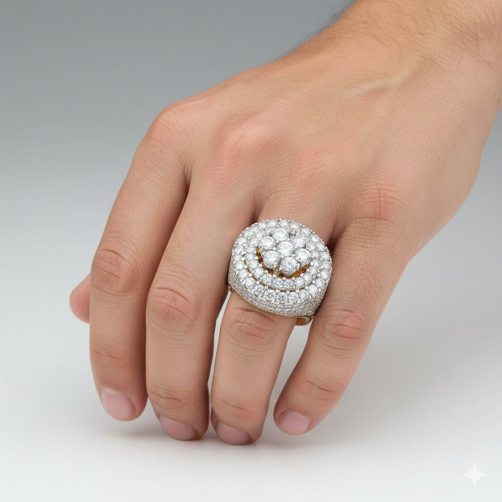 A hand showcases the Iced-Out 8.96 CT Lab Diamond Cluster Ring in 14K yellow gold, featuring multiple layers of sparkling lab diamonds and covering most of the ring finger.