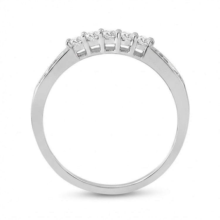 A close-up of the 14k White Gold Princess Diamond Bridal Ring Set 1 Cttw, featuring five princess-cut diamonds in a row, displayed on a plain white background.