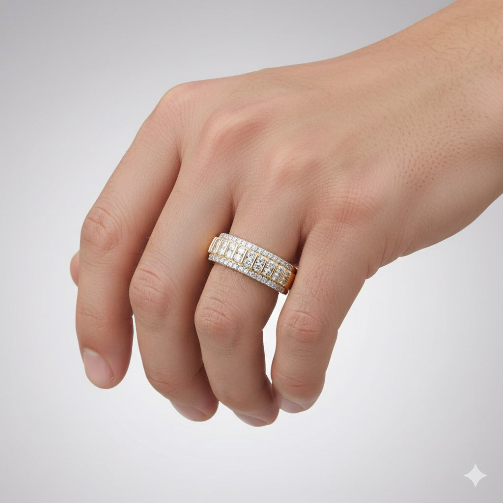 A hand displays the 10k Yellow Gold Diamond Band Ring 1 CT, featuring multiple rows of sparkling diamonds, against a plain light gray background.
