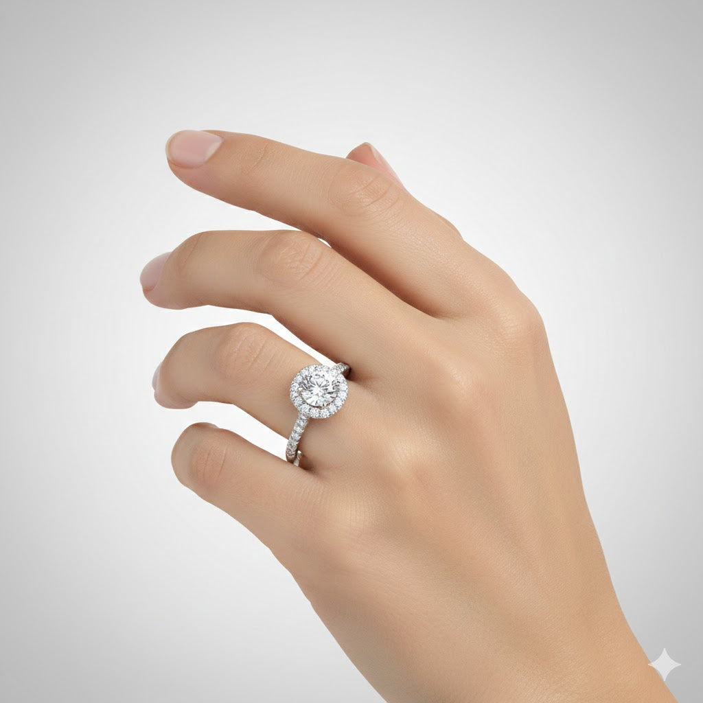 A left hand with manicured nails wears the 14k Round Lab Diamond Halo Setting Engagement Ring, featuring a circular halo and diamond-encrusted band, against a plain light gray background.