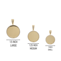 Three round 10k solid gold picture pendants with CZ stones in small (1"), medium (1.25"), and large (1.5") sizes, shown side by side with labels—ideal for creating your own custom photo pendant.