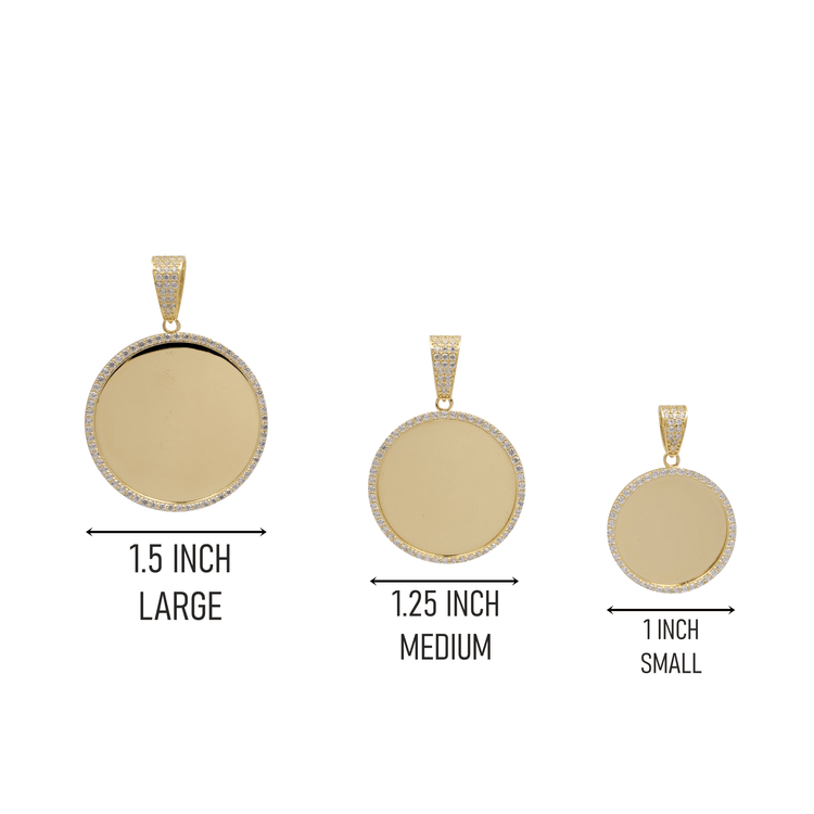 Three round 10k solid gold picture pendants with CZ stones in small (1"), medium (1.25"), and large (1.5") sizes, shown side by side with labels—ideal for creating your own custom photo pendant.