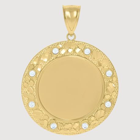 The 10k Solid Gold Picture Pendant Custom Medallion Frame features a round shape with a textured border, eight clear gemstones around the edge, and a smooth center—ideal for displaying your photo and hanging from a gold bail.