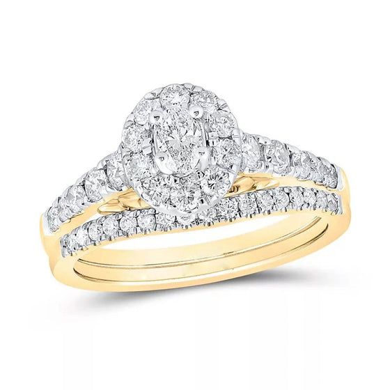 Two-Tone Oval Diamond Ring- 1.0CTW  Halo Wedding Ring Set - 14k Gold- Ring detail in yellow gold.