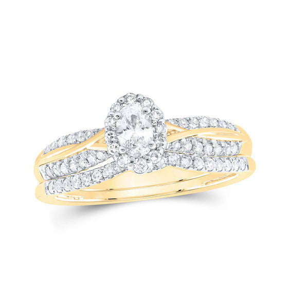 Diamond Oval Halo Ring For Bridal Engagement-0.5CTW -10K| GOLDZENN- Ring detail in yellow gold.