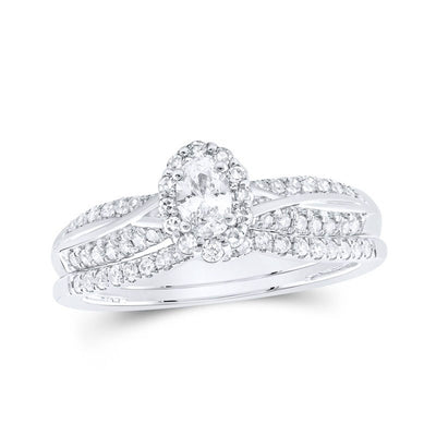 Diamond Oval Halo Ring For Bridal Engagement-0.5CTW -10K| GOLDZENN- Ring detail in white gold.