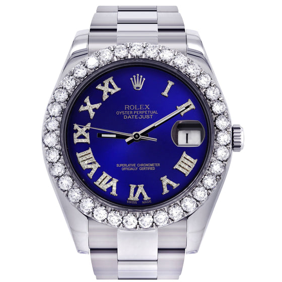 Rolex Datejust II 41mm- Blue Roman Diamond Dial Oyster Band| GOLDZENN- Showing the watch detail.