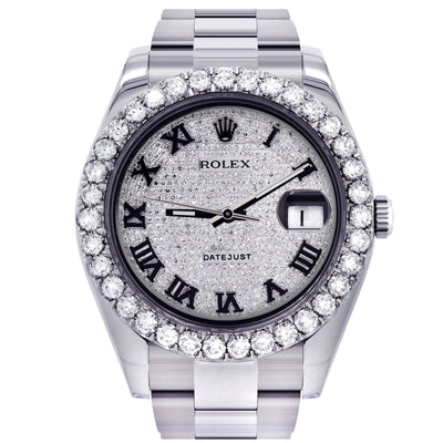 Rolex Datejust II 41mm - Diamond Pave Roman Numeral Dial Oyster Band- Showing the watch detail.