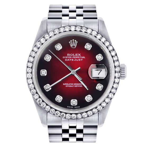 Rolex Datejust 36mm- 16200- Red Dial Jubilee Band| GOLDZENN- Showing the watch detail.