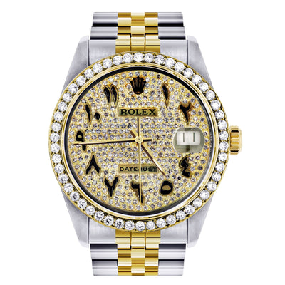Diamond Gold Rolex 36mm - 16233- Black Arabic Full Diamond Dial- Showing the watch detail.