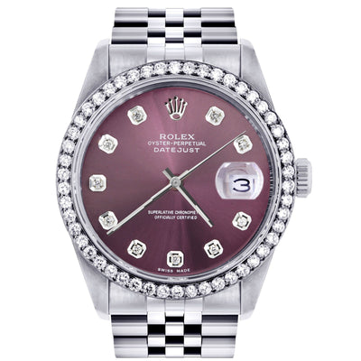 Rolex Datejust 36mm- 16200- Purple Dial Jubilee Band| GOLDZENN- Showing the watch detail.