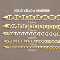 The Gold Mariner Bracelet - 3mm is displayed horizontally on a gray background alongside four other solid yellow gold mariner chains in sizes 7.5mm, 6.5mm, 5.8mm, and 2.5mm, with their widths labeled above each chain.