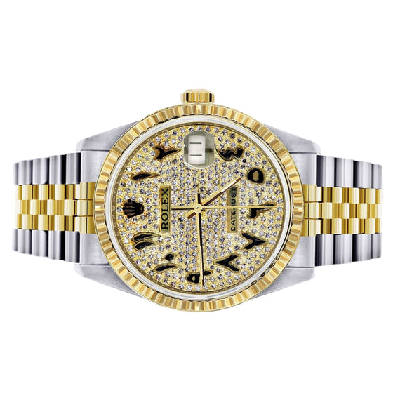 Diamond Gold Rolex 36mm - 16233- Black Arabic Full Diamond Dial- Showing the closer detail of the watch.