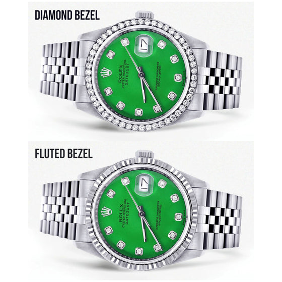 Rolex Datejust 36mm -16200- Green Dial Jubilee Band | GOLDZENN- Showing the difference between the diamond bezel ad flueted bezel.