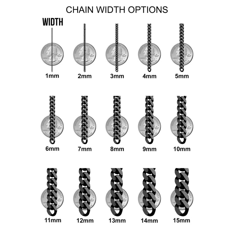 A chart displays 15 chain widths (1mm–15mm) over a U.S. quarter for size reference—perfect for selecting the ideal 14k gold mariner link, like the Gold Mariner Bracelet - 6.5 mm.
