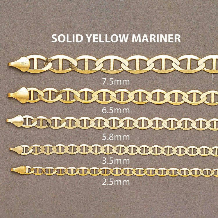 A row of Gold Mariner Bracelet - 6.5 mm shines elegantly, crafted from 14k gold and showcasing a timeless mariner link design.