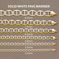 Six gold mariner bracelets with white pave accents are arranged by width from 8.5mm to 2.5mm on a gray background, including the striking Pave Mariner Bracelet - 7mm. Each bracelet is labeled with its width.