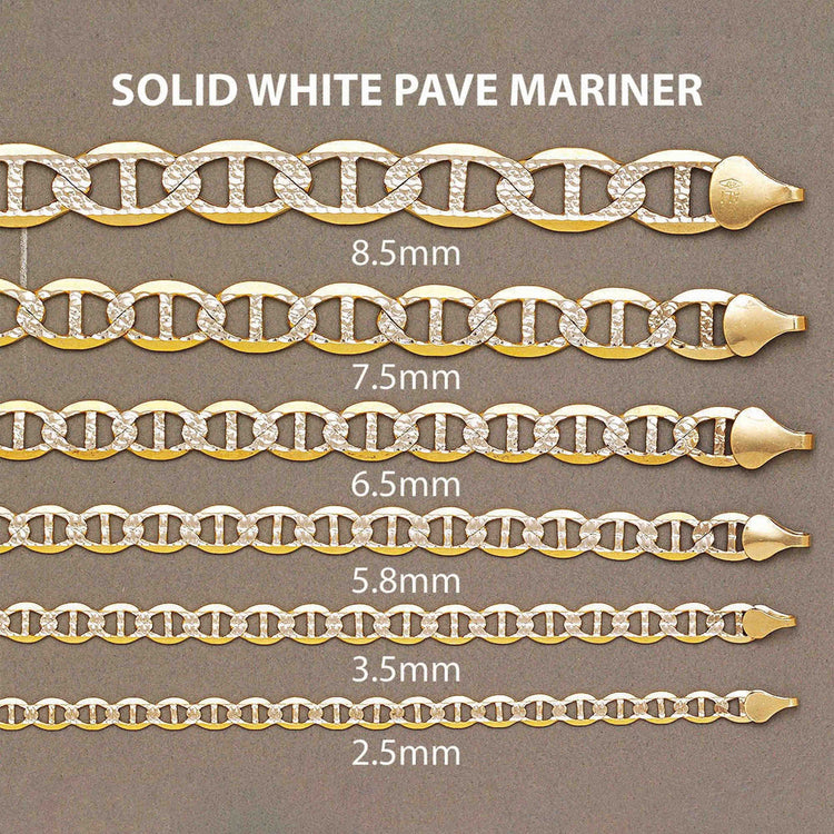 Six gold mariner bracelets with white pave accents are arranged by width from 8.5mm to 2.5mm on a gray background, including the striking Pave Mariner Bracelet - 7mm. Each bracelet is labeled with its width.