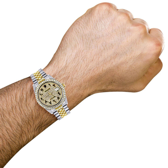 Diamond Gold Rolex 36mm - 16233- Black Arabic Full Diamond Dial- Watch detail when worn with a model.