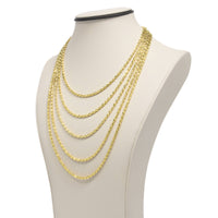 A display bust features the 3mm Barrel Crystal Chain, a 14K gold bonded necklace with multiple layered strands in varying lengths, each elegantly draped and accented with sparkling crystals.