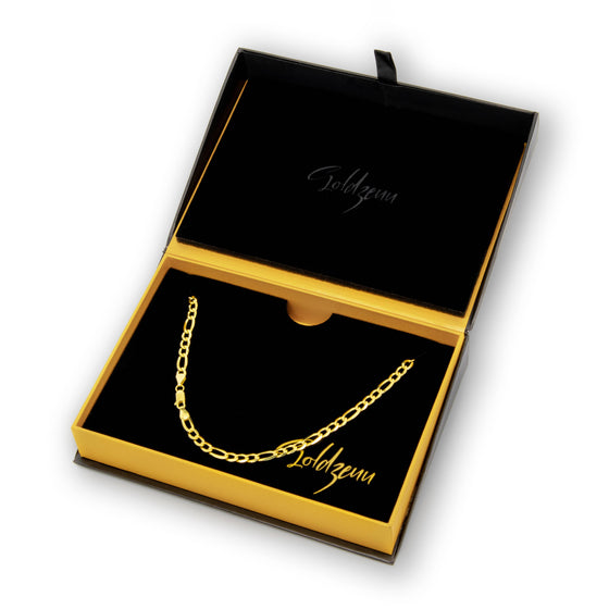 Figaro Link Chain- 5.5mm- 14k Gold Bonded | GOLDZENN- In a box detail of the chain.
