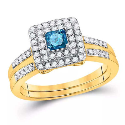 Princess Blue Diamond Bridal Wedding Ring Set - 14k Gold| GOLDZENN(Ring detail.)