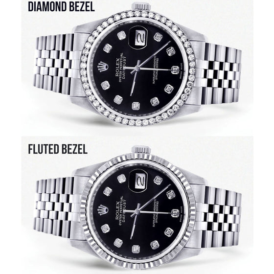 Rolex Datejust 36mm -16200- Black Dial Jubilee Band| GOLDZENN- Showing the difference between the diamond bezel ad flueted bezel.