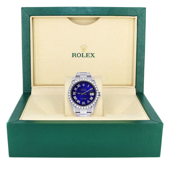 Rolex Datejust II 41mm- Blue Roman Diamond Dial Oyster Band| GOLDZENN- Showing the watch detail in a box.