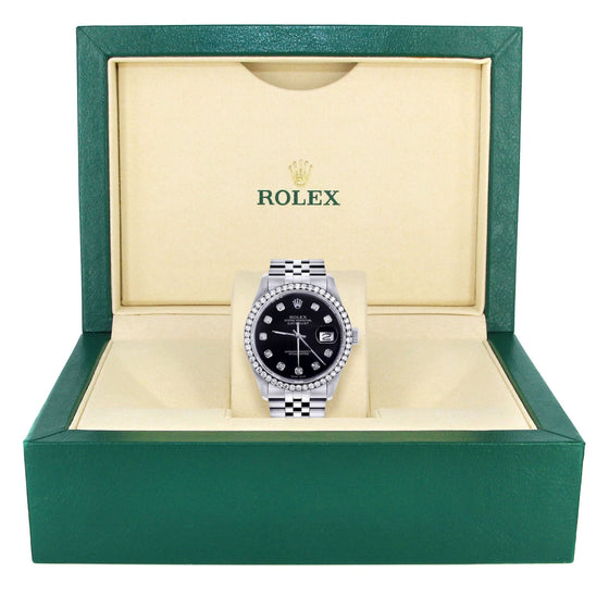 Rolex Datejust 36mm -16200- Black Dial Jubilee Band| GOLDZENN- Showing the watch detail in a box.