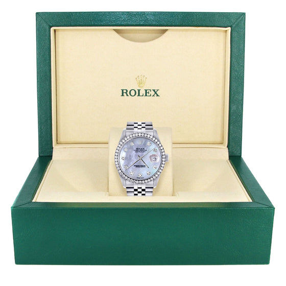 Rolex Datejust 36mm- 16200- Mother of Pearl Dial Jubilee Band | GOLDZENN- Showing the watch detail in a box.