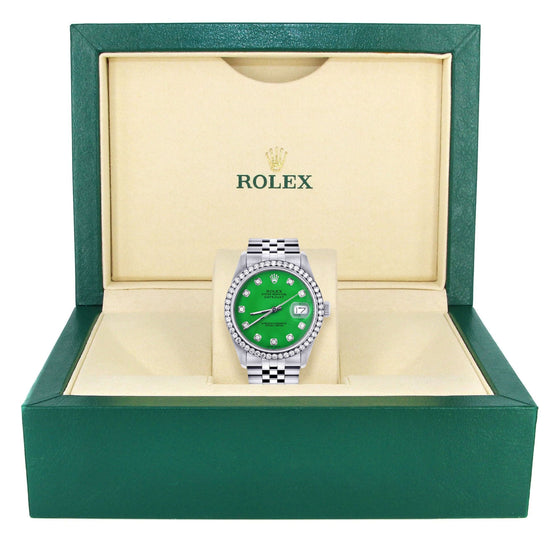 Rolex Datejust 36mm -16200- Green Dial Jubilee Band | GOLDZENN- Showing the watch detail in a box.