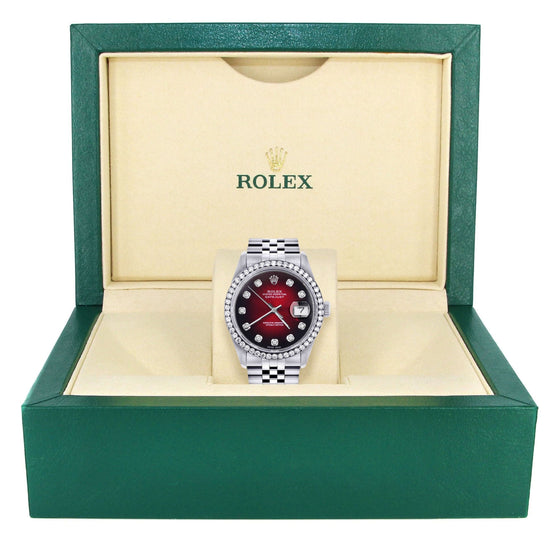 Rolex Datejust 36mm- 16200- Red Dial Jubilee Band| GOLDZENN- Showing the watch detail in a box.