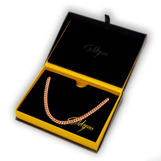 7mm - Miami Cuban Link Chain - 14k Rose Gold Bonded| GOLDZENN Jewelry- In a box view.