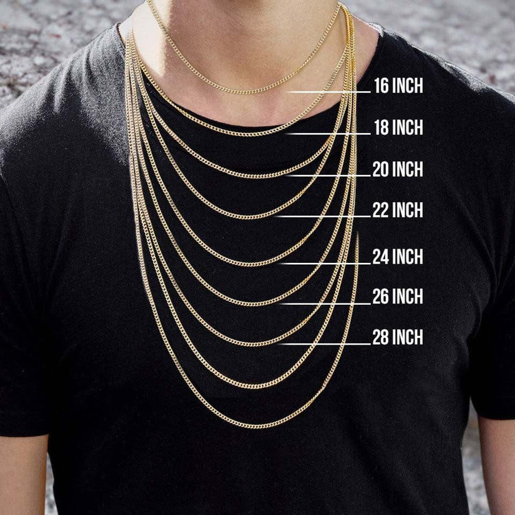 A person in a black shirt showcases seven Figaro Chain 8mm - 14k Gold Bonded men's chains, labeled from top to bottom: 16", 18", 20", 22", 24", 26", and 28"—each with a shimmering gold finish.