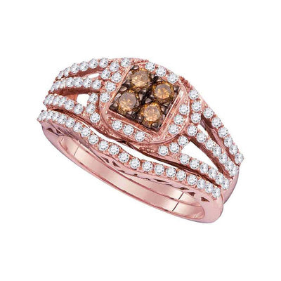 Round Brown Diamond Wedding Ring Set-1.0CTW- 10k Gold| GoldZenn Jewelry- Brown diamond ring detail in Rose gold.