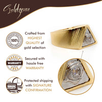 The All Seeing Eye Ring in Solid Gold features a triangle design with a diamond, shown close-up. Enjoy premium gold, a hassle-free warranty, and secure shipping with signature confirmation. Goldzenu logo at the top.