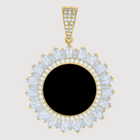 The Baguette Photo Frame Charm Pendant in 10k Solid Gold features a bold black center, round diamond borders, an outer halo of baguette-cut diamonds, and a diamond-accented bail—ideal for a custom photo pendant.