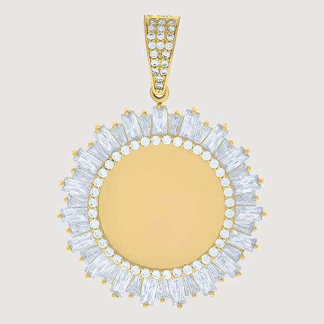 The Baguette Photo Frame Charm Pendant in 10k Solid Gold features a circular design framed by clear baguette and round gemstones, with a gem-encrusted bail—ideal for custom photo pendants, shown on a light gray background.