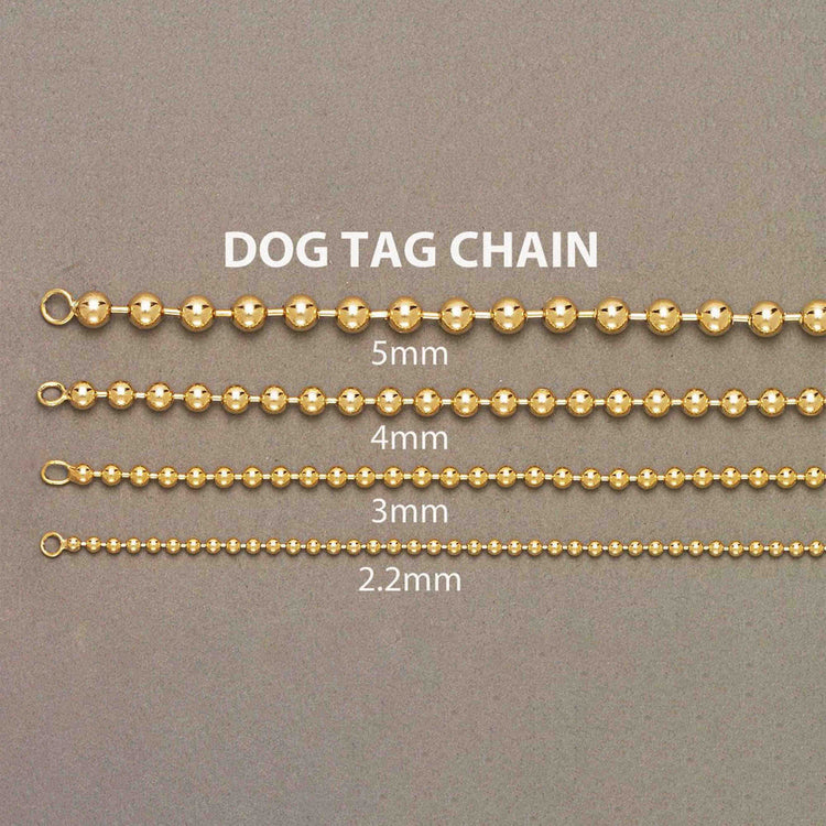 Five gold ball chains, like the Bead Bracelet - 3mm Moon Cut, are shown horizontally on a neutral background and labeled by diameter from top to bottom: 5mm, 4mm, 3mm, and 2.2mm.
