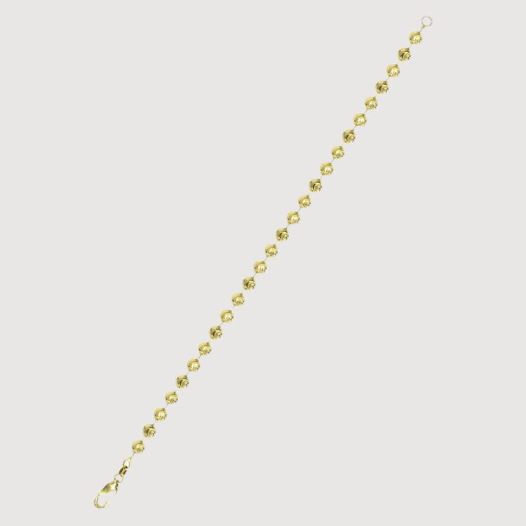 The Bead Bracelet - 5mm Moon Cut is crafted in 14K solid yellow gold with evenly spaced round beads, a lobster clasp, and a circular loop, shown on a white background.