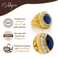 The Blue Stone Signet Ring in Solid Gold showcases an ornate design with a large blue stone, encircled by clear stones. Enjoy quality gold, warranty, secure shipping with signature confirmation, and the Goldzeum logo at the top.