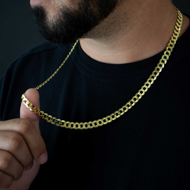 A bearded man in a plain black shirt displays the Curb Link Chain - 8mm 14k Gold Bonded against a dark background.